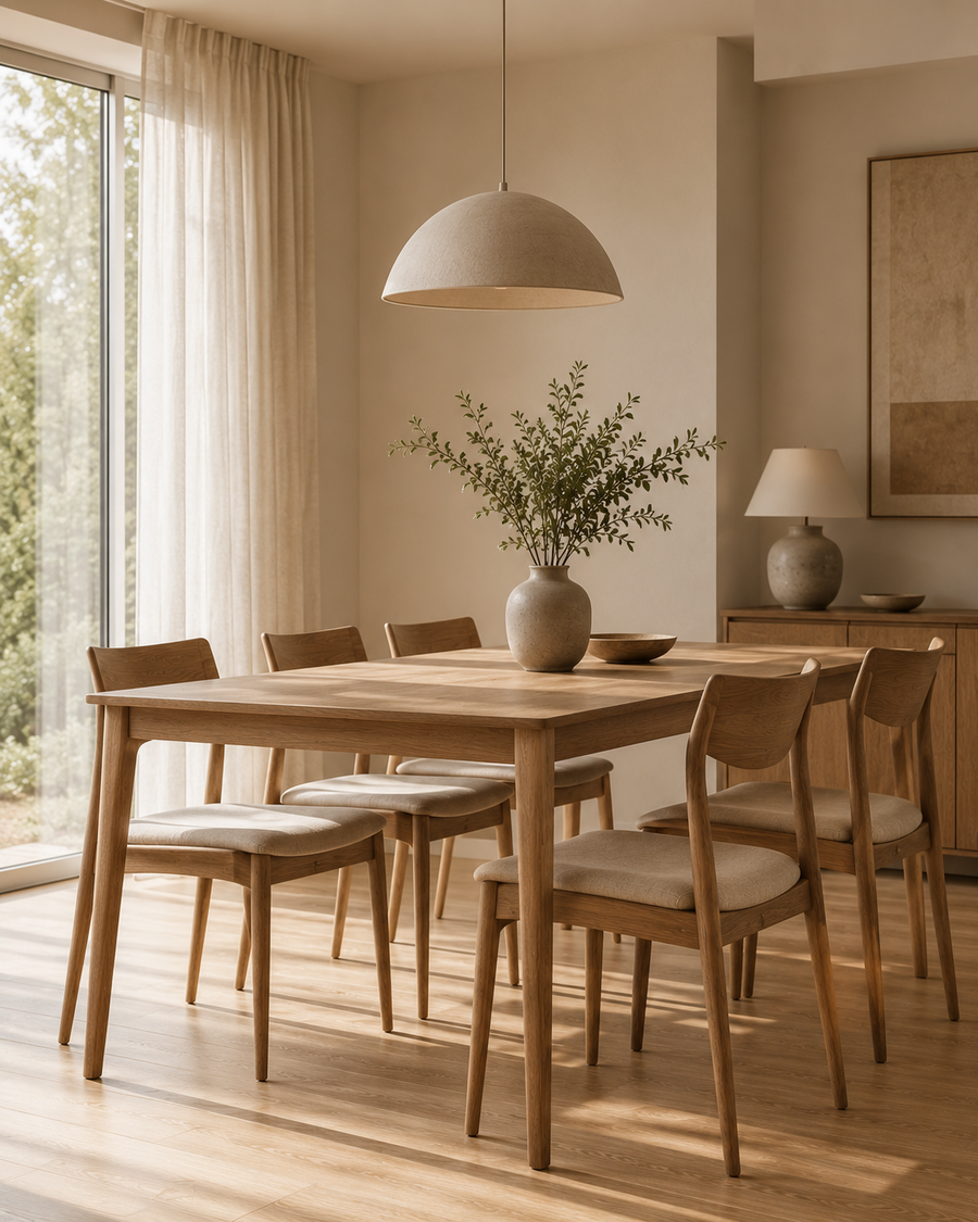 Rectangular solid wood dining table with five chairs